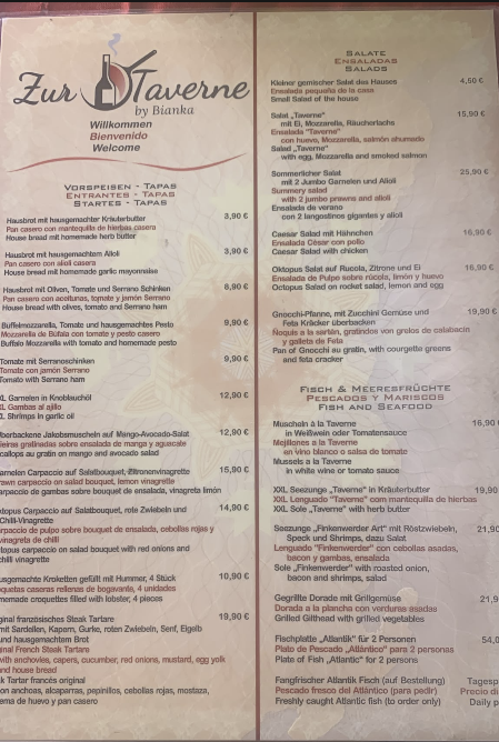 Speisekarte Taverne